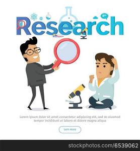 Research web banner. Businessman with magnifying glass and scientist with microscope flat cartoon vector illustrations on white. Searching solution concept. For science, marketing company landing page. Research Conceptual Flat Vector Web Banner. Research Conceptual Flat Vector Web Banner