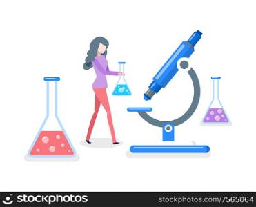 Researches conducted by woman scientist isolated vector. Microscope instrument, device with zoom chemical substances. Appliance for chemists device. Researches Conducted by Woman Scientist Isolated