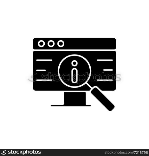 Researching information online black glyph icon. Collecting data via internet. Performing effective searches. Internet-based resources. Silhouette symbol on white space. Vector isolated illustration. Researching information online black glyph icon