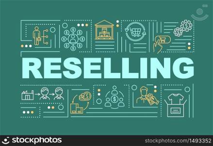 Reselling word concepts banner. P2P business model, innovative commercial service service infographics with linear icons on green background. Isolated typography. Vector outline RGB color illustration. Reselling word concepts banner