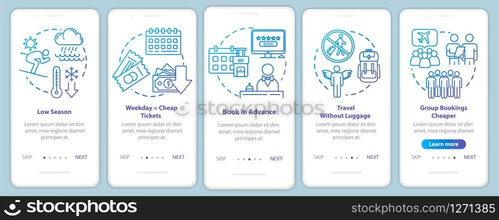 Reservation onboarding mobile app page screen with concepts. Low peak season. Group tour. Money saving travel walkthrough five steps graphic instructions. UI vector template, RGB color illustrations