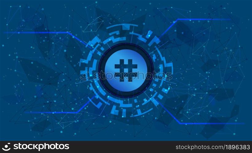 Reserve Rights Token RSR token symbol of the DeFi project in a digital circle with a cryptocurrency theme on a blue background. Decentralized finance programs. Copy space. Vector EPS10.