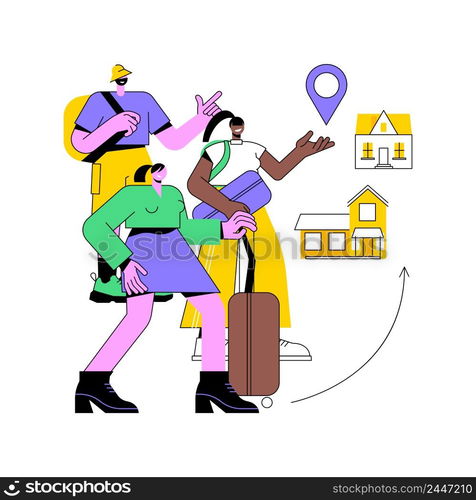 Resettlement of persons abstract concept vector illustration. Resettlement, refugee camp, displaced persons, movement of people, big crowd, bag and suitcases, new home abstract metaphor.. Resettlement of persons abstract concept vector illustration.