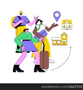 Resettlement of persons abstract concept vector illustration. Resettlement, refugee camp, displaced persons, movement of people, big crowd, bag and suitcases, new home abstract metaphor.. Resettlement of persons abstract concept vector illustration.