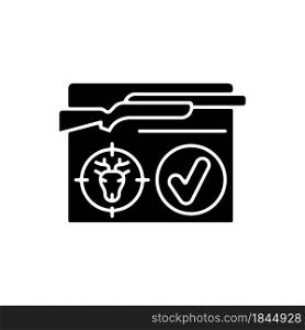 Resident hunting license black glyph icon. Hunt permit, endorsement. Qualified hunter. Official document. Trapping and crossbow. Silhouette symbol on white space. Vector isolated illustration. Resident hunting license black glyph icon