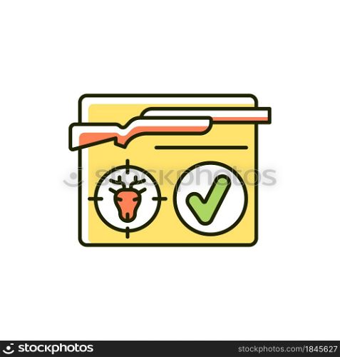 Resident hunting license RGB color icon. Hunt permit, endorsement. Qualified hunter. Official document. Capture prey. Trapping and crossbow. Isolated vector illustration. Simple filled line drawing. Resident hunting license RGB color icon