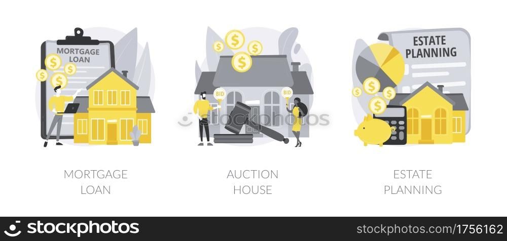 Residential and commercial property abstract concept vector illustration set. Real estate services, mortgage loan, auction house, estate planning, down payment, attorney advise abstract metaphor.. Residential and commercial property abstract concept vector illustrations.