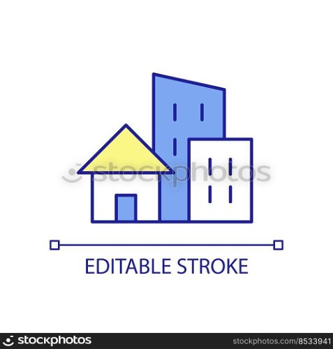 Residential and commercial real estate RGB color icon. Architecture design. Urban buildings. Isolated vector illustration. Simple filled line drawing. Editable stroke. Arial font used. Residential and commercial real estate RGB color icon