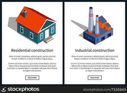 Residential and industrial construction web pages constructions and editable text sample with buttons vector illustration isolated on white background. Residential and Industrial Web Vector Illustration