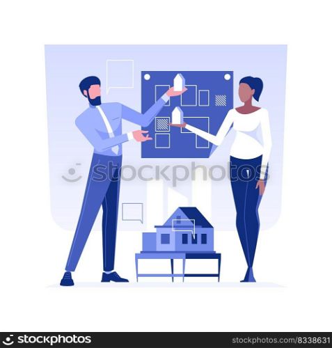 Residential area planning isolated concept vector illustration. Group of architects discusses the plan for the private houses and apartments building, residential area design vector concept.. Residential area planning isolated concept vector illustration.