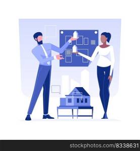 Residential area planning isolated concept vector illustration. Group of architects discusses the plan for the private houses and apartments building, residential area design vector concept.. Residential area planning isolated concept vector illustration.