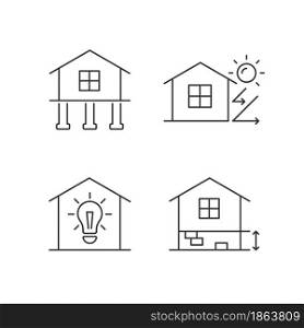 Residential building linear icons set. Pile foundation. Thermal insulation. Electricity supply to home. Customizable thin line contour symbols. Isolated vector outline illustrations. Editable stroke. Residential building linear icons set