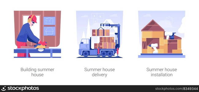 Residential construction isolated concept vector illustration set. Summer house building process, summer house delivery and installation, professional builders assembling panels vector cartoon.. Residential construction isolated concept vector illustrations.