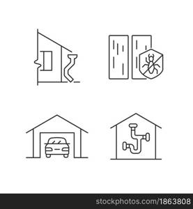 Residential construction linear icons set. Roof drainage system. Protection from termite. Parking space. Customizable thin line contour symbols. Isolated vector outline illustrations. Editable stroke. Residential construction linear icons set