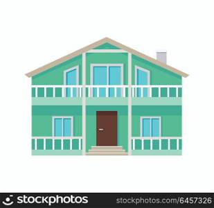 Residential Cottage with Terrace in Green Colors. Two stored country house with terrace isolated. Exterior home icon symbol. Residential cottage in green colors. Part of series of modern buildings in flat design style. Real estate concept. Vector