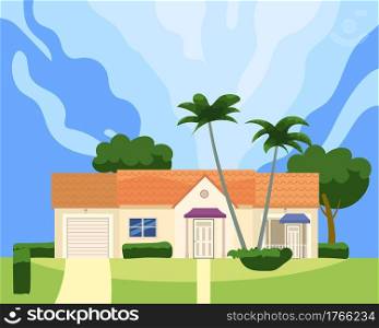 Residential Home Building in landscape tropic trees, palms. House exterior facades front view architecture family cottage house or mansion apartments, villa. Suburban property, vector illustration cartoon flat style. Residential Home Building in landscape tropic trees, palms. House exterior facades front view architecture family cottage house or mansion apartments, villa. Suburban property