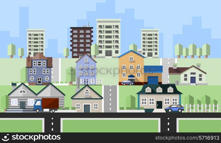 Residential house buildings flat neighborhood real estate background vector illustration