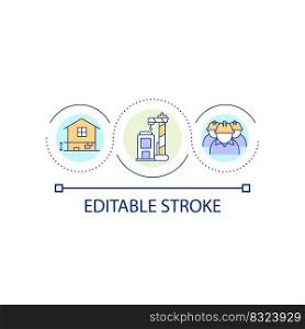 Residential house construction loop concept icon. Industry. Machinery and staff for building abstract idea thin line illustration. Isolated outline drawing. Editable stroke. Arial font used. Residential house construction loop concept icon