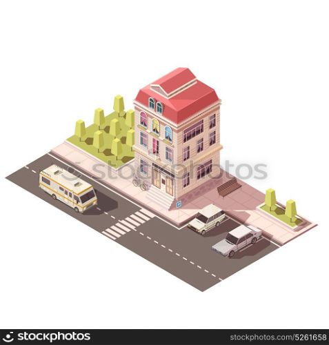 Residential House Isometric Mockup. Residential house with arched windows, porch with ladder, red roof, parking, road infrastructure isometric mockup vector illustration