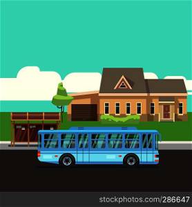 Residential house with bus stop and blue bus. Flat vector illustraion. Home and bus on road, infrastructure transportation. Residential house with bus stop and blue bus. Flat vector illustraion