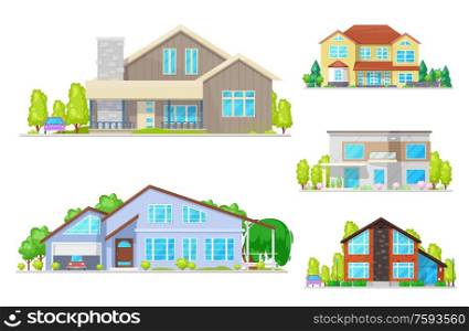 Residential houses and villas, real estate apartments, cottages and townhouses,. Real estate. Houses and villa building icons