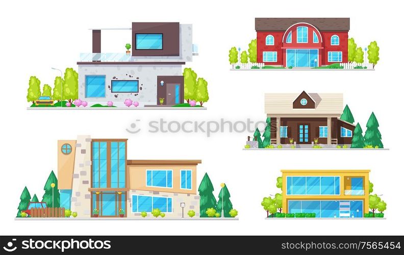 Residential houses, cottage, villas, mansion apartment and bungalow. Vector real estate building icons. Modern family cottage houses or villa apartments, urban property with trees, terraces and garage. Real estate houses, villas and bungalow buildings