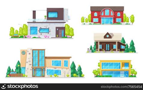 Residential houses, cottage, villas, mansion apartment and bungalow. Vector real estate building icons. Modern family cottage houses or villa apartments, urban property with trees, terraces and garage. Real estate houses, villas and bungalow buildings