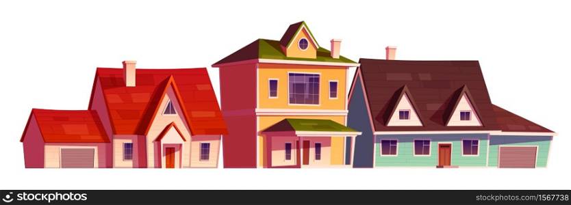 Residential houses exterior in suburb district. Vector cartoon set of suburban cottages with garage, modern real estate property in countryside. Villages isolated on white background. Residential houses exterior in suburb district