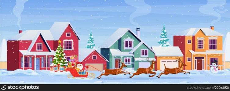 Residential houses with christmas decoration at day. cartoon w∫er landscape street with snow on roofs and holiday garlands, christmas tree, snowman. Santa Claus with deers Vector illustration. Residential houses with christmas decoration