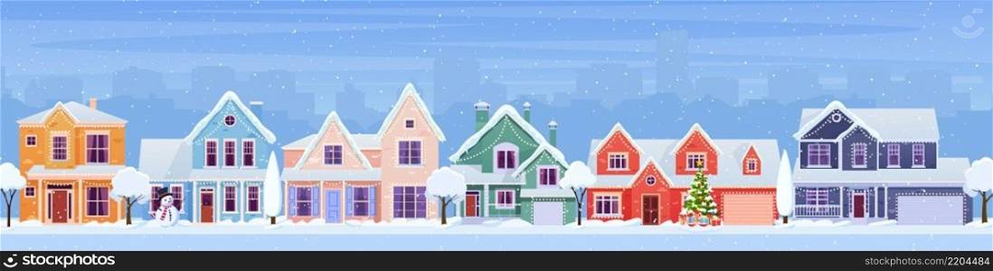 Residential houses with christmas decoration at day. cartoon winter landscape street with snow on roofs and holiday garlands, christmas tree, snowman. Vector illustration. Residential houses with christmas decoration