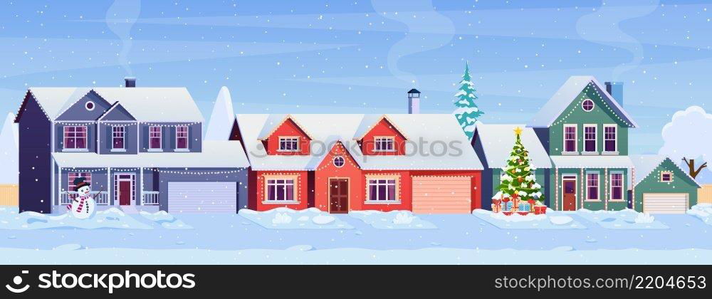 Residential houses with christmas decoration at day. cartoon winter landscape street with snow on roofs and holiday garlands, christmas tree, snowman. Vector illustration. Residential houses with christmas decoration