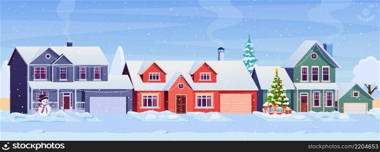 Residential houses with christmas decoration at day. cartoon winter landscape street with snow on roofs and holiday garlands, christmas tree, snowman. Vector illustration. Residential houses with christmas decoration
