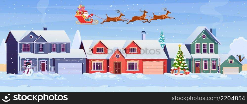 Residential houses with christmas decoration at day. cartoon winter landscape street with snow on roofs and holiday garlands, christmas tree, snowman. Santa Claus with deers in sky Vector illustration. Residential houses with christmas decoration