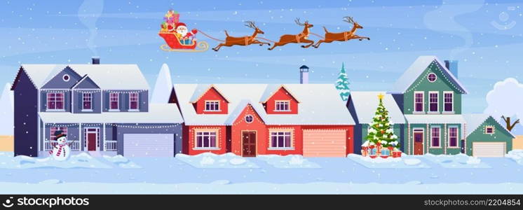 Residential houses with christmas decoration at day. cartoon winter landscape street with snow on roofs and holiday garlands, christmas tree, snowman. Santa Claus with deers in sky Vector illustration. Residential houses with christmas decoration