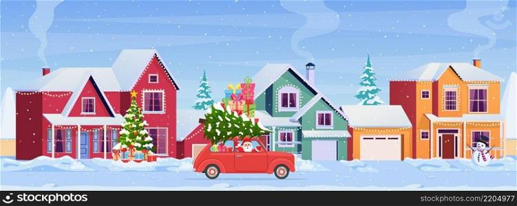 Residential houses with christmas decoration at day. Christmas landscape card design of retro car with giftbox and christmas tree on the top. Vector illustration. Christmas card design of car with tree on the top