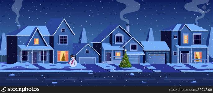 Residential houses with christmas decoration at night. cartoon winter landscape street with snow on roofs and holiday garlands, christmas tree, snowman. Vector illustration. Residential houses with christmas decoration