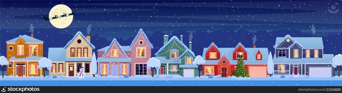 Residential houses with christmas decoration at night. cartoon winter landscape street with snow on roofs and garlands, christmas tree, snowman. Santa Claus with deers in sky. Vector illustration. Residential houses with christmas decoration