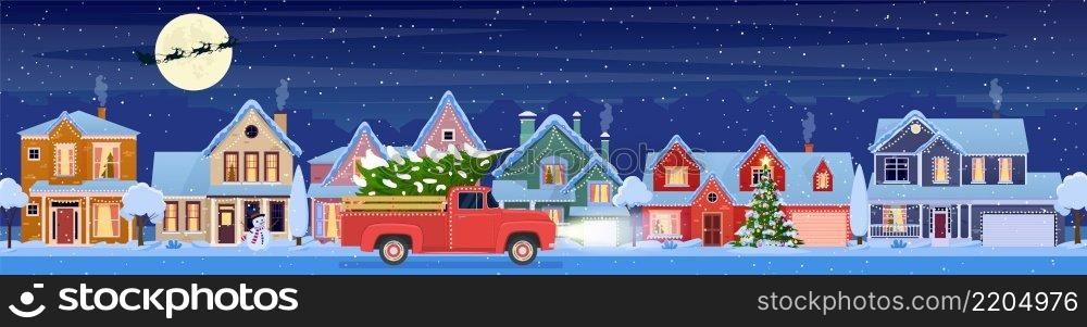 Residential houses with christmas decoration at night. Christmas landscape card design of retro car with giftbox on the top. background with moon and the Santa Claus. Vector illustration. Christmas card design of car with tree on the top