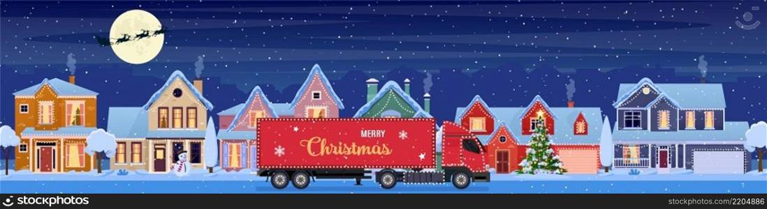 Residential houses with christmas decoration at night. red delivery truck on background with cartoon winter landscape. street and holiday garlands, christmas tree, snowman. Vector illustration. Residential houses with christmas decoration