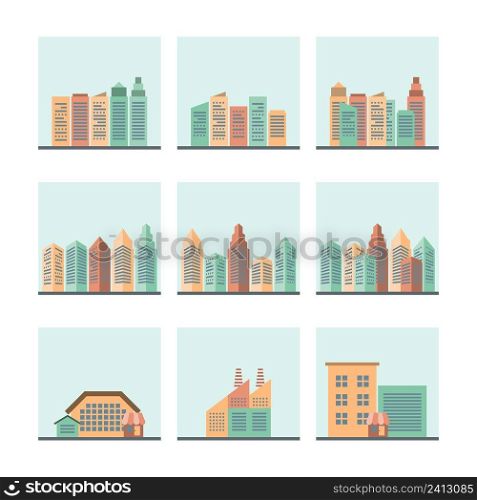 Residential industrial and modern central city business areas cityscape street view flat icons collection isolated vector illustration