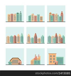 Residential industrial and modern central city business areas cityscape street view flat icons collection isolated vector illustration