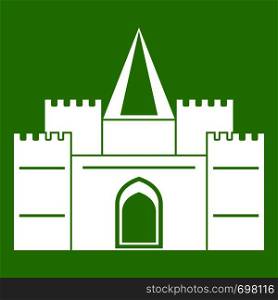 Residential mansion with towers icon white isolated on green background. Vector illustration. Residential mansion with towers icon green