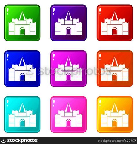 Residential mansion with towers icons of 9 color set isolated vector illustration. Residential mansion with towers icons 9 set