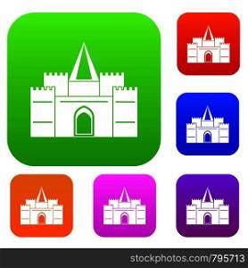 Residential mansion with towers set icon color in flat style isolated on white. Collection sings vector illustration. Residential mansion with towers set color collection
