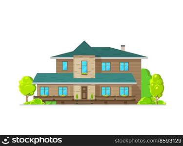 Residential neighborhood house exterior with wood plank facade, framed stone wall trim. Luxury dwelling building, flat vector modern mansion facade. Contemporary real estate property house or villa. Residential house exterior with wood plank facade