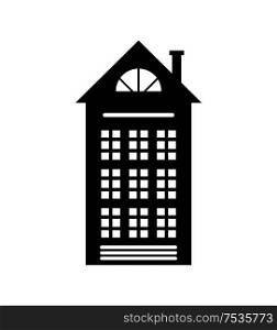 Residential real estate building icon isolated on white. House monochrome silhouette, multi storey dwelling, windows and chimney, vector illustration. Residential Real Estate Building Icon Isolated