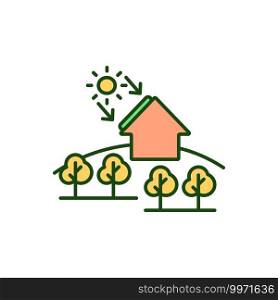 Residential solar panels RGB color icon. Alternative energy source. Sustainable power generation for country home. Smart house. Electricity from sun light. Isolated vector illustration. Residential solar panels RGB color icon
