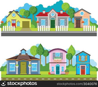 Residential village houses flat vector illustration, urban landscape. Residential village houses flat vector illustration, urban landscape. Street with building facade and green trees