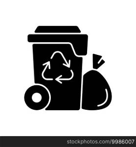 Residential waste collection black glyph icon. Garbage pickup from home. Household waste. Residential services. Disposing solid refuse. Silhouette symbol on white space. Vector isolated illustration. Residential waste collection black glyph icon