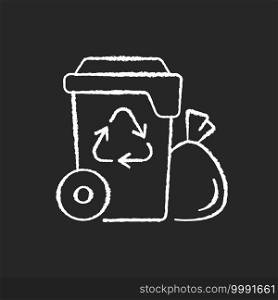 Residential waste collection chalk white icon on black background. Garbage pickup from home. Household waste. Residential services. Disposing solid refuse. Isolated vector chalkboard illustration. Residential waste collection chalk white icon on black background